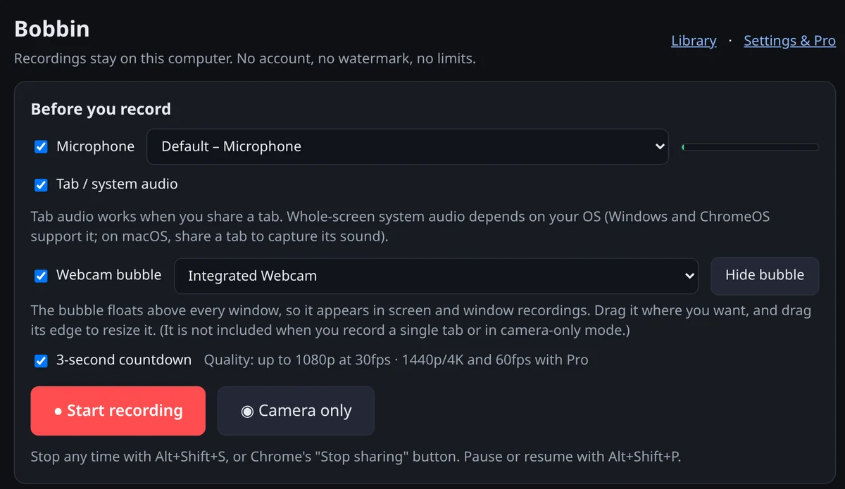 Bobbin recorder setup screen with microphone, tab audio, webcam bubble and countdown options