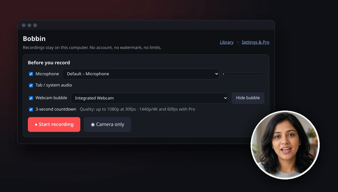 Bobbin recorder window with the webcam bubble floating over it