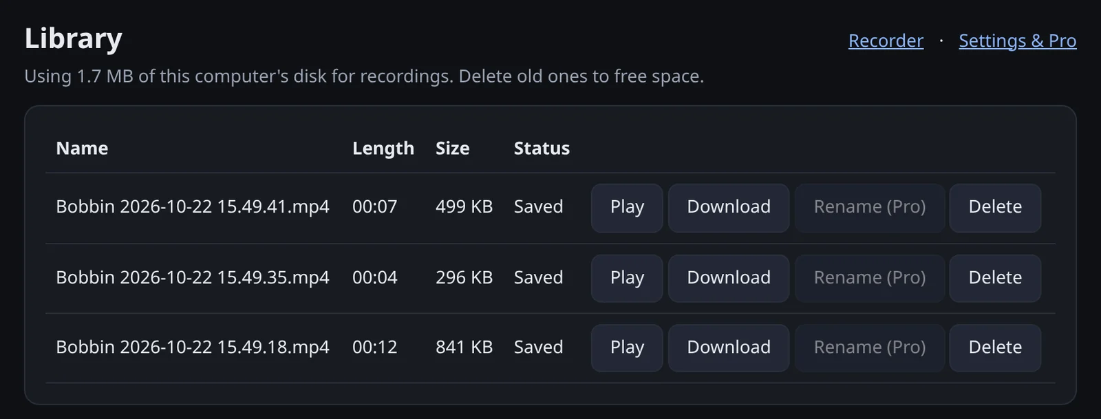 Bobbin library listing three MP4 recordings with Play, Download and Delete buttons