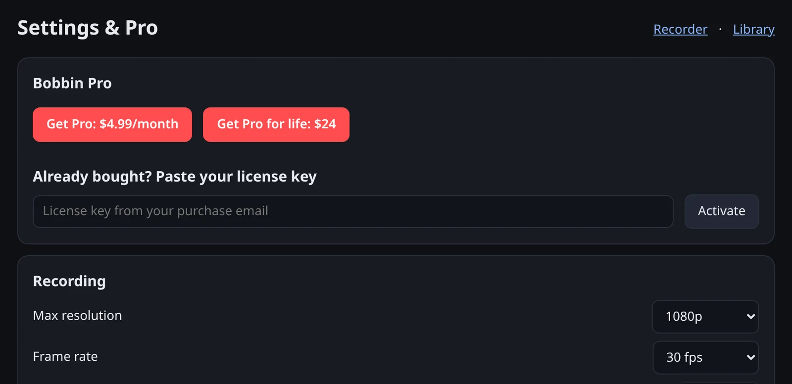 Bobbin Settings and Pro page showing Pro checkout coming soon, resolution and frame-rate options